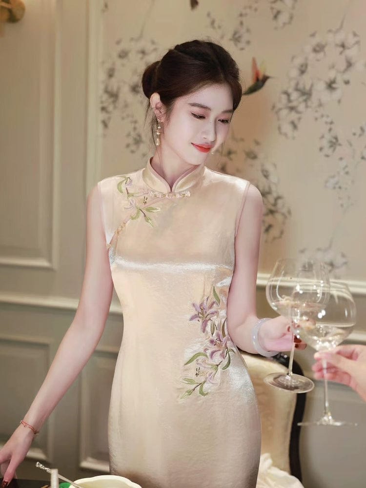 Beth and Brian Qipao-LQ Sleeveless, New Chinese style(新中式), pink long Cheongsam
