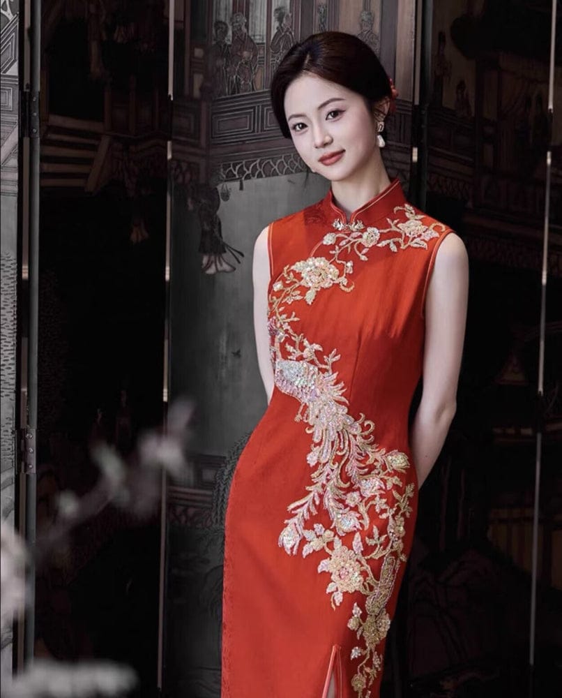 Beth and Brian Qipao-LF Qipao for wedding, Phoenix embroidery, red long Cheongsam