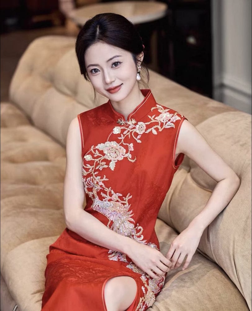 Beth and Brian Qipao-LF Qipao for wedding, Phoenix embroidery, red long Cheongsam