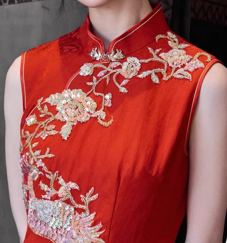 Beth and Brian Qipao-LF Qipao for wedding, Phoenix embroidery, red long Cheongsam