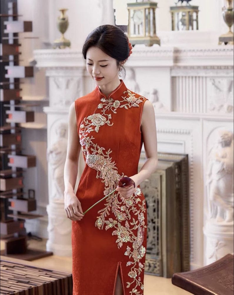 Beth and Brian Qipao-LF Qipao for wedding, Phoenix embroidery, red long Cheongsam