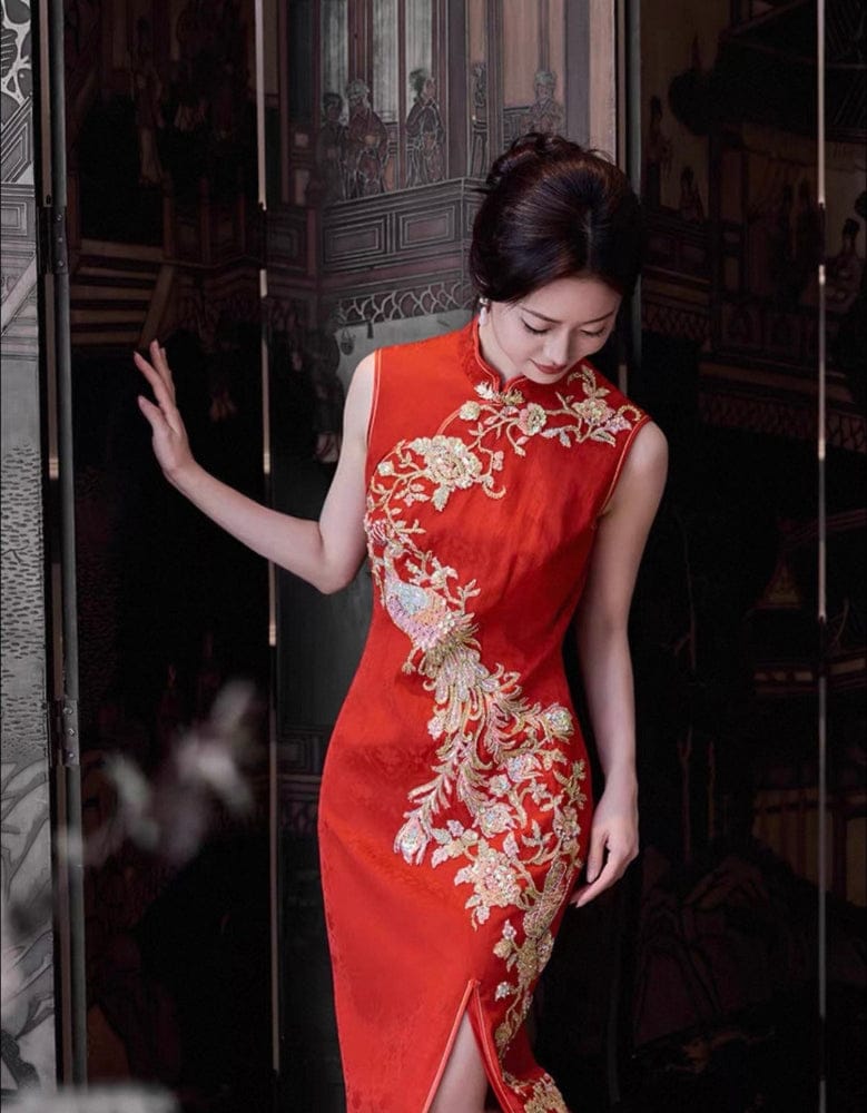 Beth and Brian Qipao-LF Qipao for wedding, Phoenix embroidery, red long Cheongsam