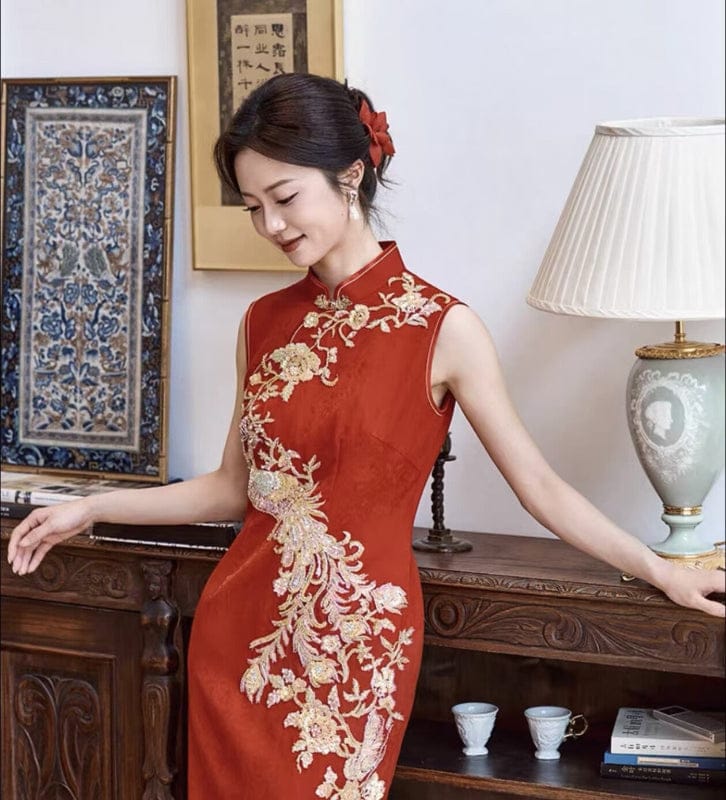 Beth and Brian Qipao-LF Qipao for wedding, Phoenix embroidery, red long Cheongsam