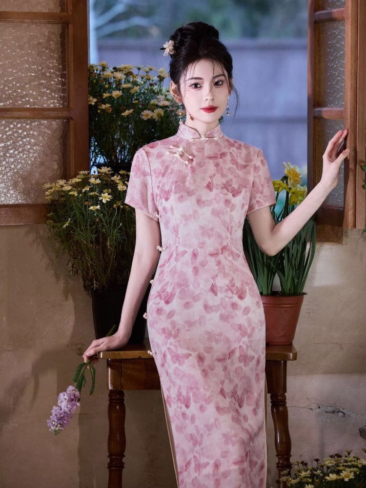 Beth and Brian Qipao-JLM Butterfly pattern, jacquard fabric, pink midi Cheongsam