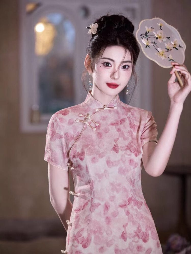 Beth and Brian Qipao-JLM Butterfly pattern, jacquard fabric, pink midi Cheongsam