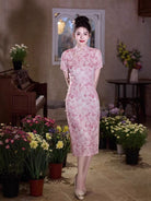 Beth and Brian Qipao-JLM Butterfly pattern, jacquard fabric, pink midi Cheongsam