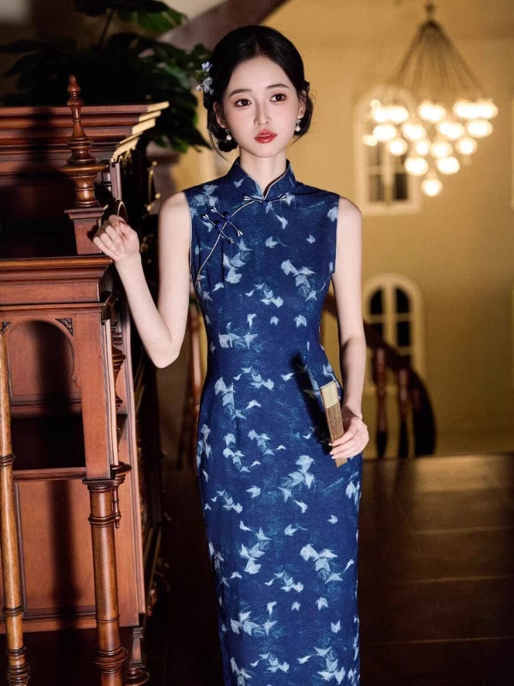 Beth and Brian Qipao-JLM Butterfly pattern, blue midi Cheongsam