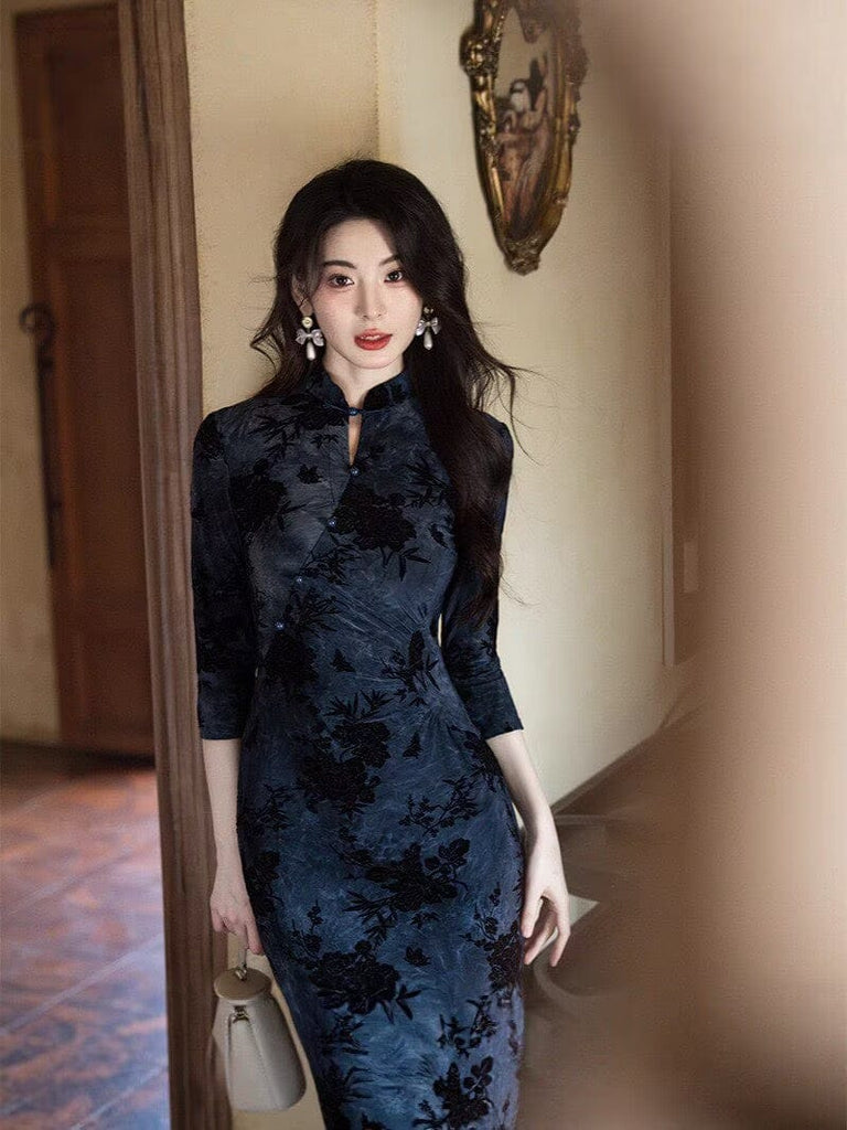 Beth and Brian Qipao-JLM Flocking fabric, floral pattern, blue long Cheongsam