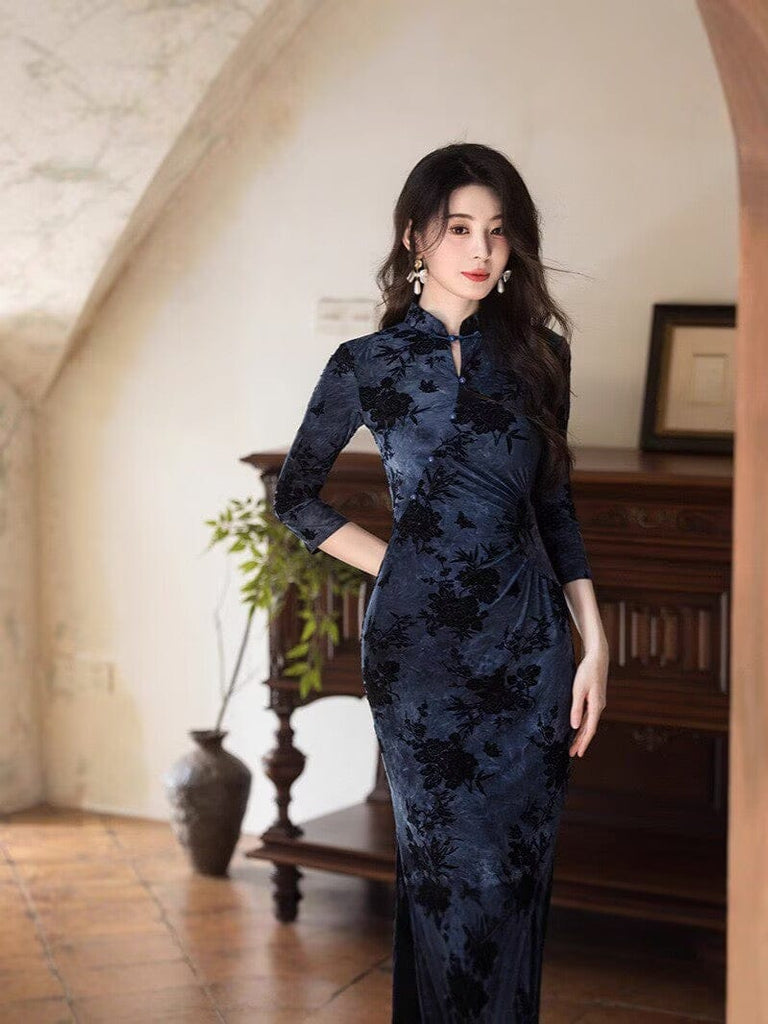 Beth and Brian Qipao-JLM Flocking fabric, floral pattern, blue long Cheongsam