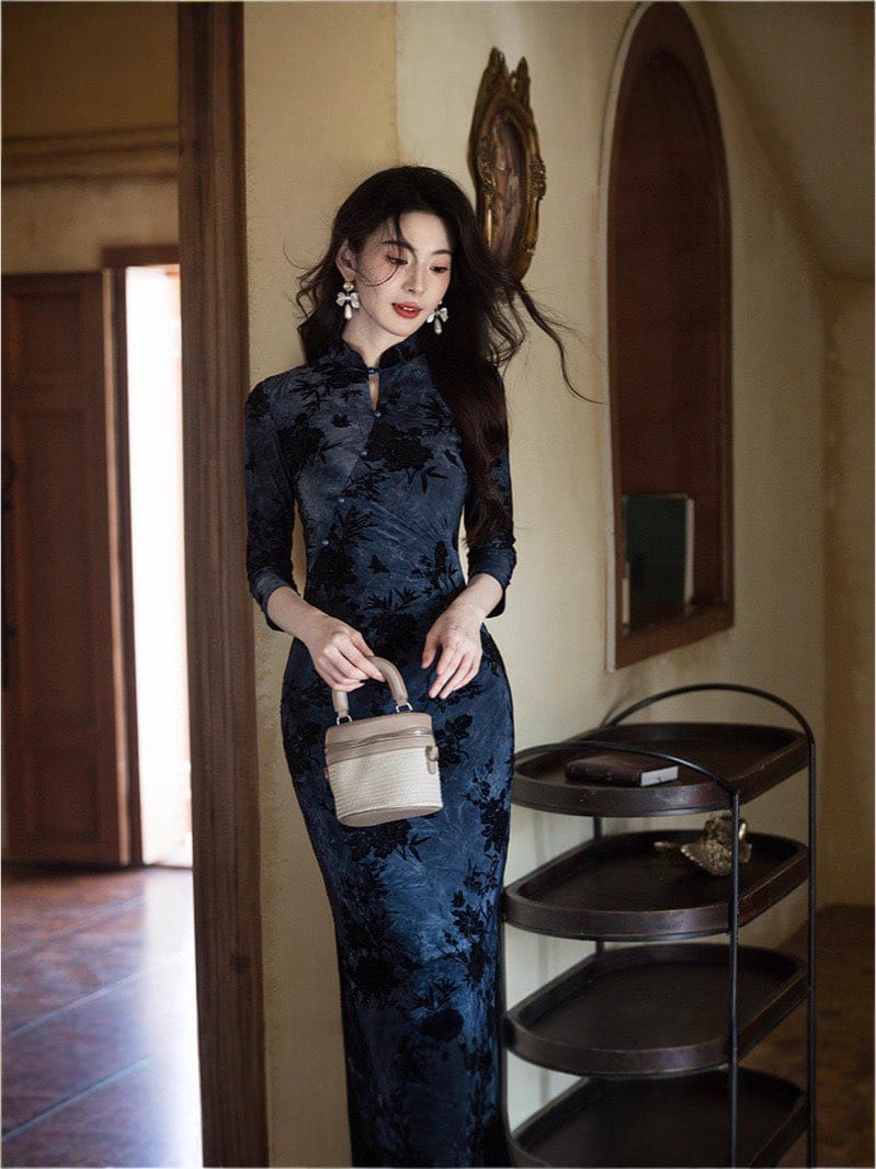 Beth and Brian Qipao-JLM Flocking fabric, floral pattern, blue long Cheongsam