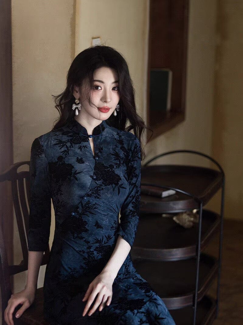 Beth and Brian Qipao-JLM Flocking fabric, floral pattern, blue long Cheongsam
