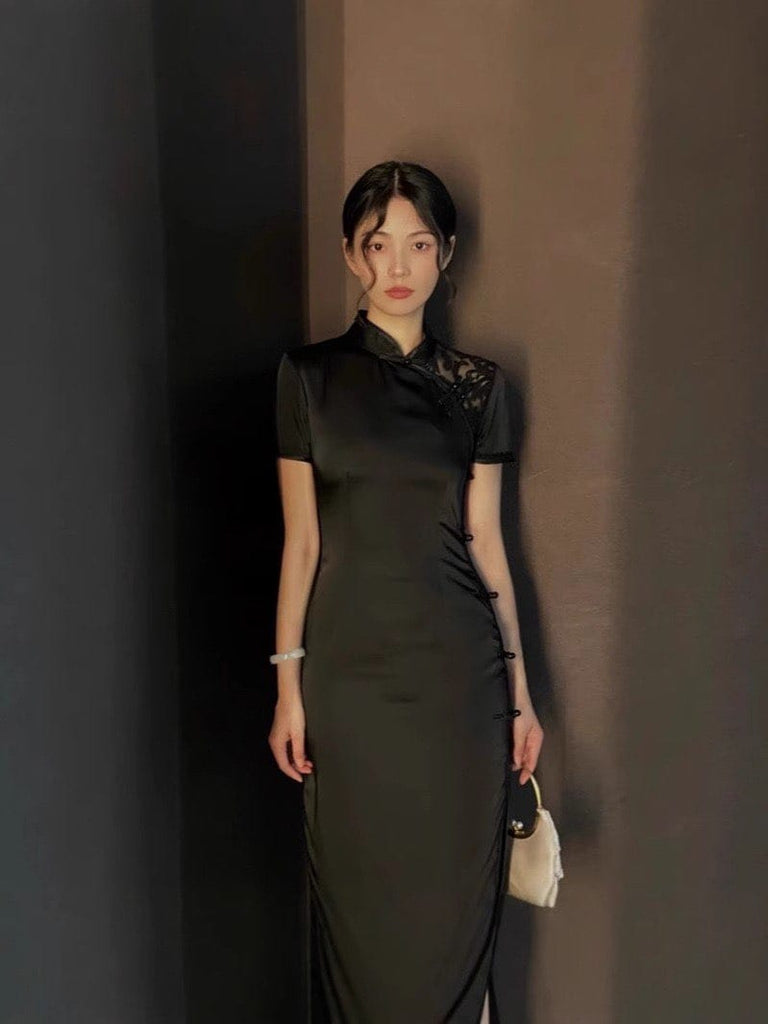 Beth and Brian Qipao-RN Cotton black mid-length Cheongsam