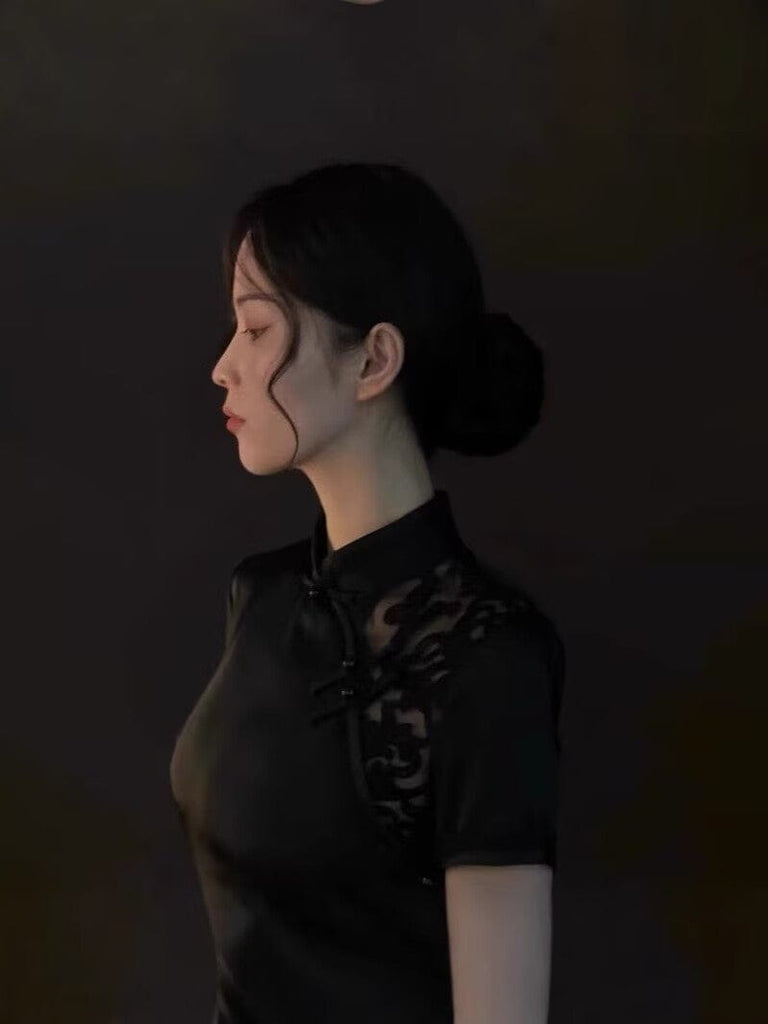 Beth and Brian Qipao-RN Cotton black mid-length Cheongsam