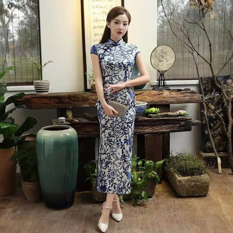 Beth and Brian Qipao-SMQ Blue and white porcelain pattern, silk long Cheongsam