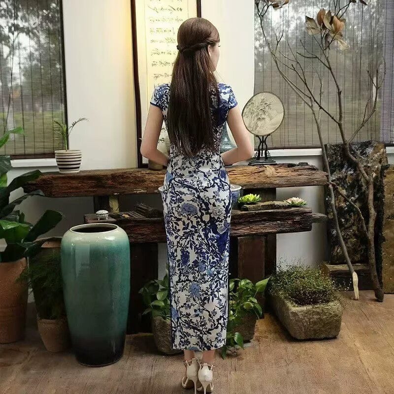 Beth and Brian Qipao-SMQ Blue and white porcelain pattern, silk long Cheongsam