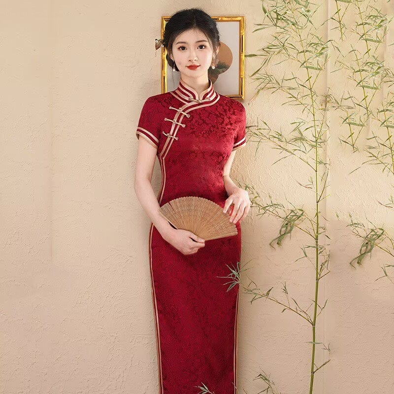 Beth and Brian Qipao-SMQ Floral pattern, cotton and jacquard fabric, wedding red midi Cheongsam