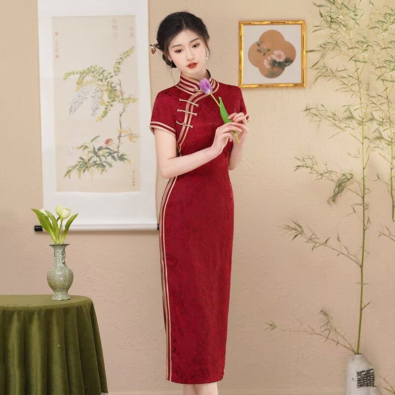 Beth and Brian Qipao-SMQ Floral pattern, cotton and jacquard fabric, wedding red midi Cheongsam