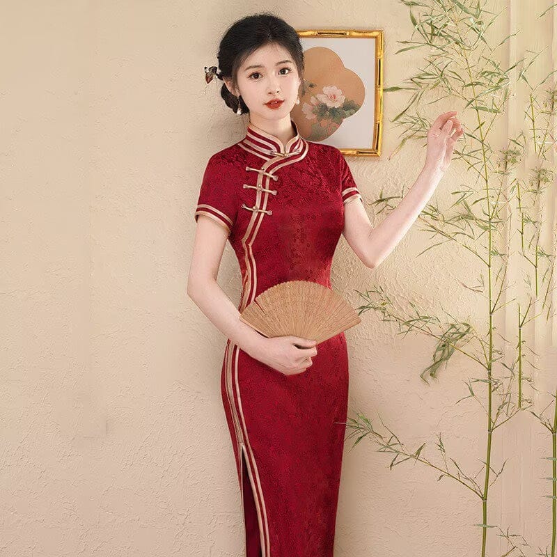 Beth and Brian Qipao-SMQ Floral pattern, cotton and jacquard fabric, wedding red midi Cheongsam