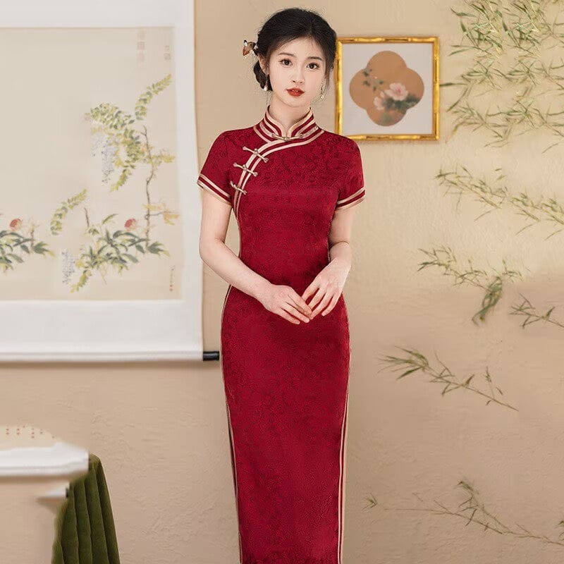 Beth and Brian Qipao-SMQ Floral pattern, cotton and jacquard fabric, wedding red midi Cheongsam