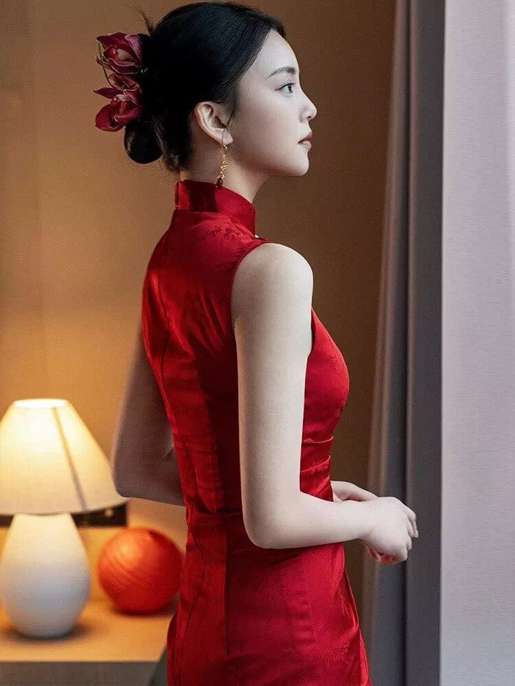 Beth and Brian Qipao-YNF Sleeveless, floral jacquard midi Cheongsam