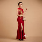Beth and Brian Qipao-YB Exclusive designer collection, Floral embroidery, Mermaid red long Qipao