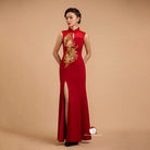 Beth and Brian Qipao-YB Exclusive designer collection, Floral embroidery, Mermaid red long Qipao