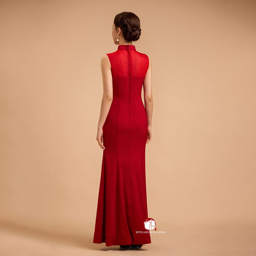 Beth and Brian Qipao-YB Exclusive designer collection, Floral embroidery, Mermaid red long Qipao