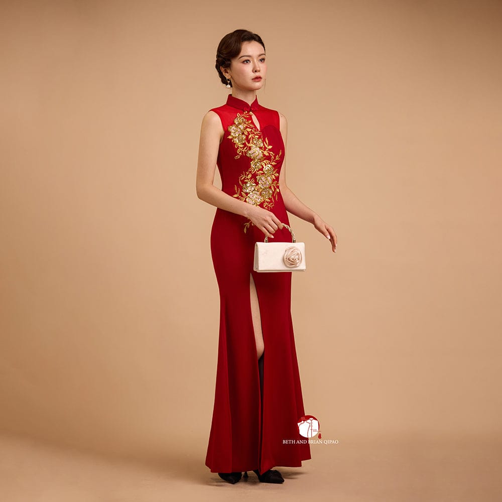 Beth and Brian Qipao-YB Exclusive designer collection, Floral embroidery, Mermaid red long Qipao