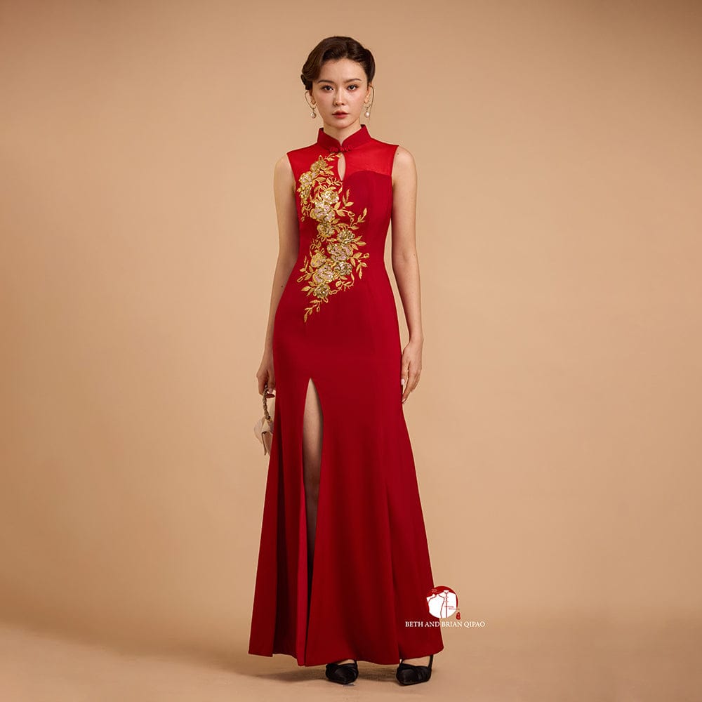 Beth and Brian Qipao-YB Exclusive designer collection, Floral embroidery, Mermaid red long Qipao