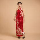 Beth and Brian Qipao-SD Exclusive designer collection, Peacock embroidery, red sequins long Qipao