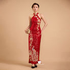 Beth and Brian Qipao-SD Exclusive designer collection, Peacock embroidery, red sequins long Qipao