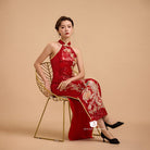 Beth and Brian Qipao-SD Exclusive designer collection, Peacock embroidery, red sequins long Qipao