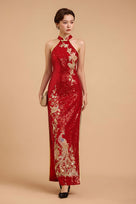 Beth and Brian Qipao-SD Exclusive designer collection, Peacock embroidery, red sequins long Qipao