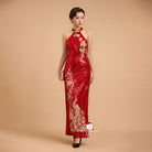 Beth and Brian Qipao-SD Exclusive designer collection, Peacock embroidery, red sequins long Qipao