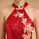 Beth and Brian Qipao-SD Exclusive designer collection, Peacock embroidery, red sequins long Qipao