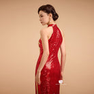 Beth and Brian Qipao-SD Exclusive designer collection, Peacock embroidery, red sequins long Qipao