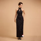 Beth and Brian Qipao-SD Exclusive designer collection, black sequins long Qipao