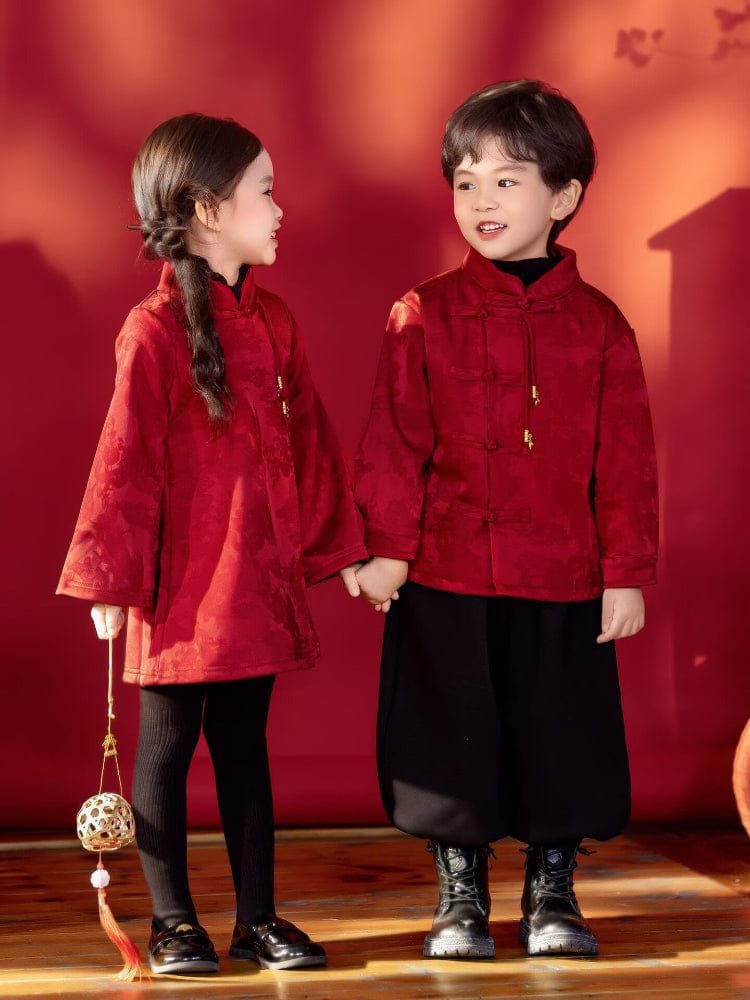 Beth and Brian Qipao-YC Chinese outfit for boy, wine red Tang suit&Qipao