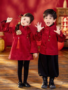 Beth and Brian Qipao-YC Chinese outfit for boy, wine red Tang suit&Qipao