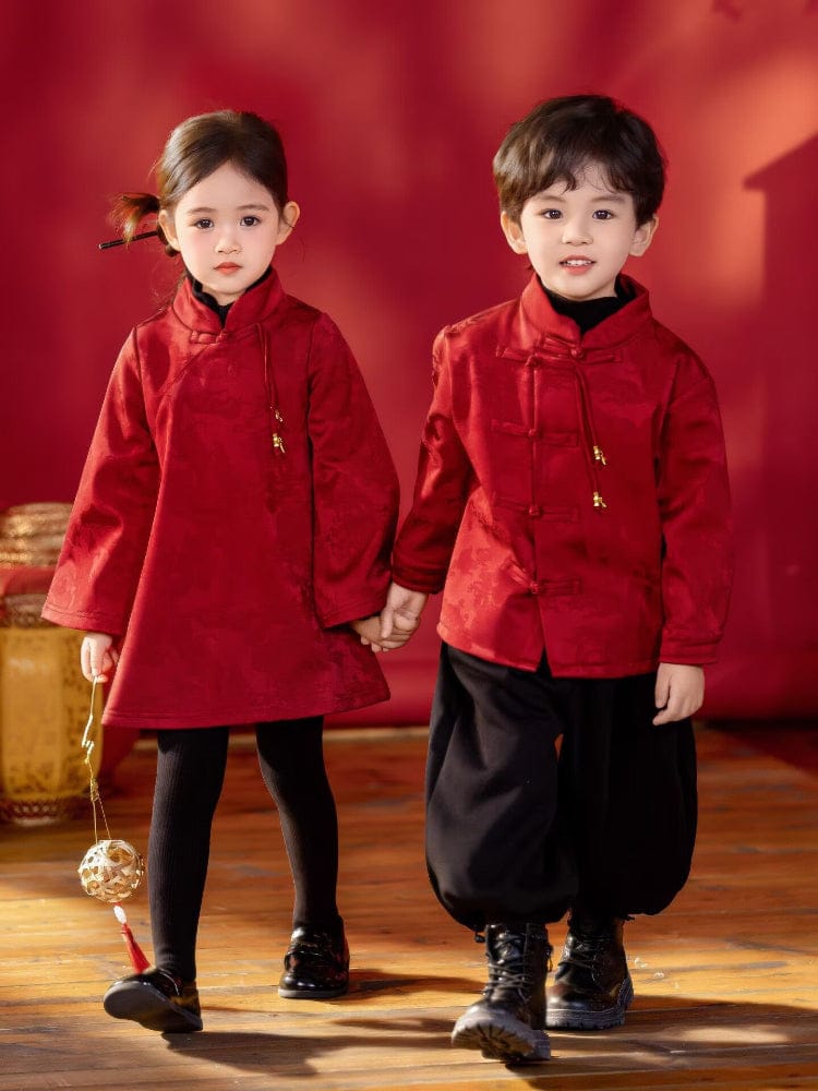 Beth and Brian Qipao-YC Chinese outfit for boy, wine red Tang suit&Qipao