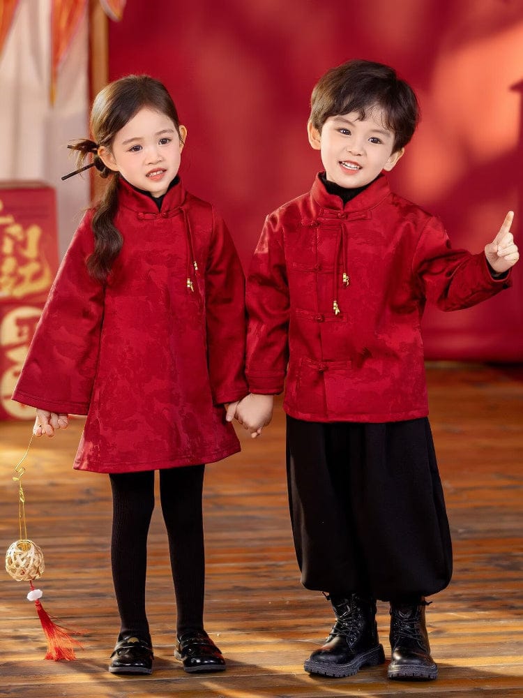 Beth and Brian Qipao-YC Chinese outfit for boy, wine red Tang suit&Qipao
