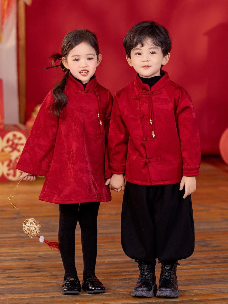 Beth and Brian Qipao-YC Chinese outfit for boy, wine red Tang suit&Qipao