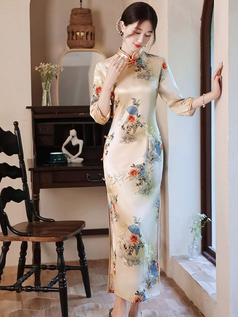 Beth and Brian Qipao-WQ Three quarter sleeves, floral daily long Cheongsam