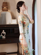 Beth and Brian Qipao-WQ Three quarter sleeves, floral daily long Cheongsam