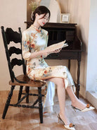 Beth and Brian Qipao-WQ Three quarter sleeves, floral daily long Cheongsam