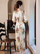 Beth and Brian Qipao-WQ Three quarter sleeves, floral daily long Cheongsam