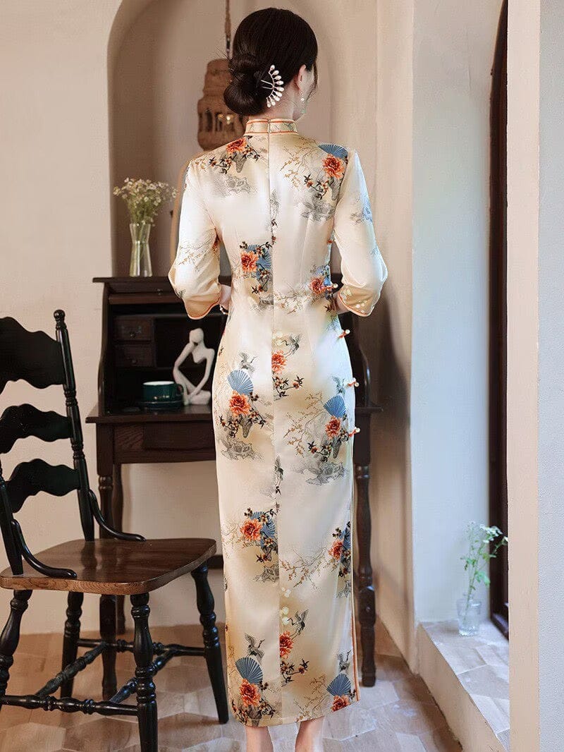 Beth and Brian Qipao-WQ Three quarter sleeves, floral daily long Cheongsam