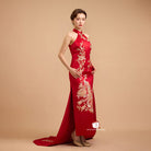 Beth and Brian Qipao - Exclusive Exclusive designer collection，Peacock Embroidery, Halter long Qipao with Train