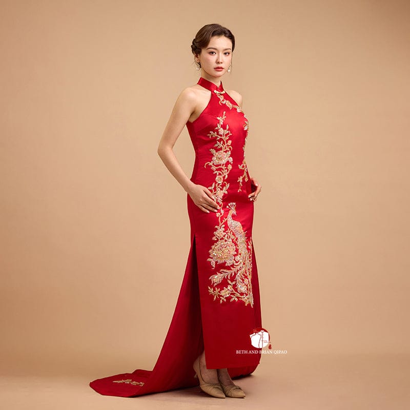 Beth and Brian Qipao - Exclusive Exclusive designer collection，Peacock Embroidery, Halter long Qipao with Train