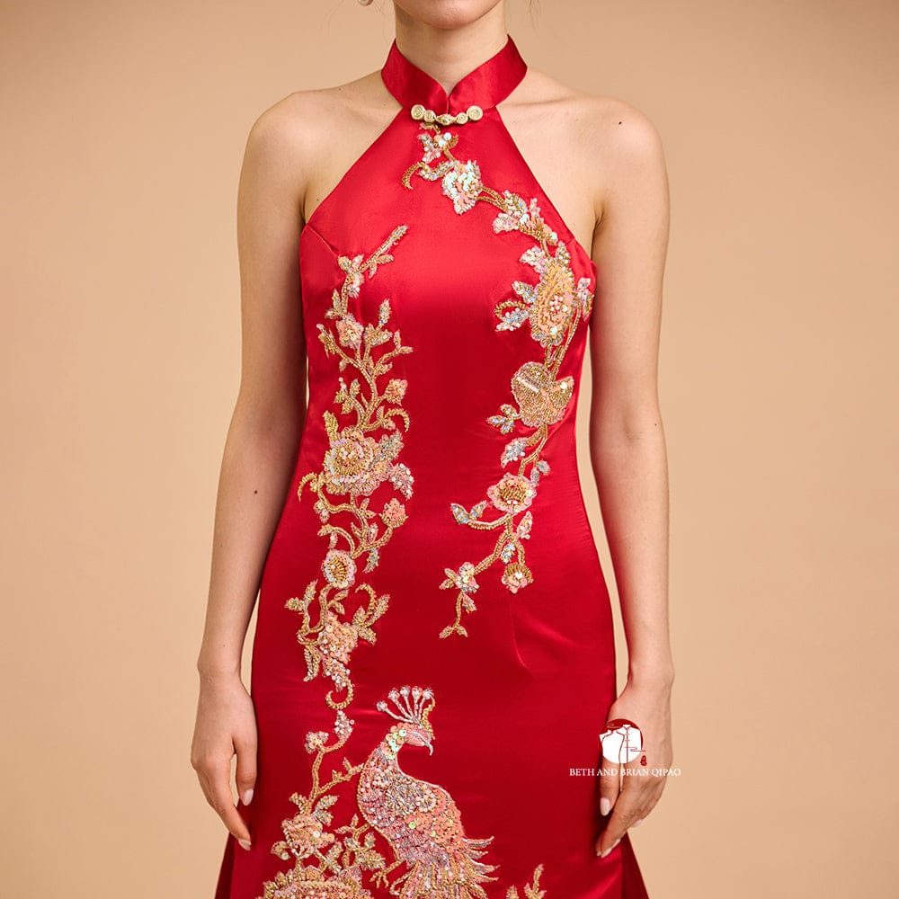 Beth and Brian Qipao - Exclusive Exclusive designer collection，Peacock Embroidery, Halter long Qipao with Train